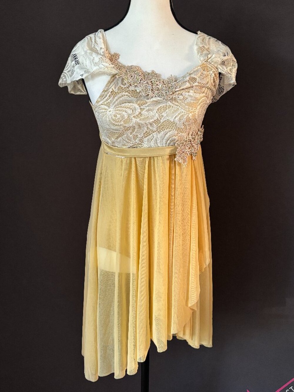 Weissman Gold Metallic Lace Applique Empire Dress Rhinestone Dance Costume MA